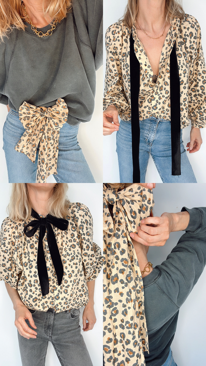 Mini Animal Print Tie Neck Organic Cotton Shirt - Natural