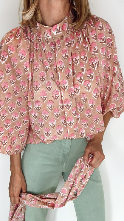 Penny Print Tie Neck Cotton Shirt - Pretty Pink