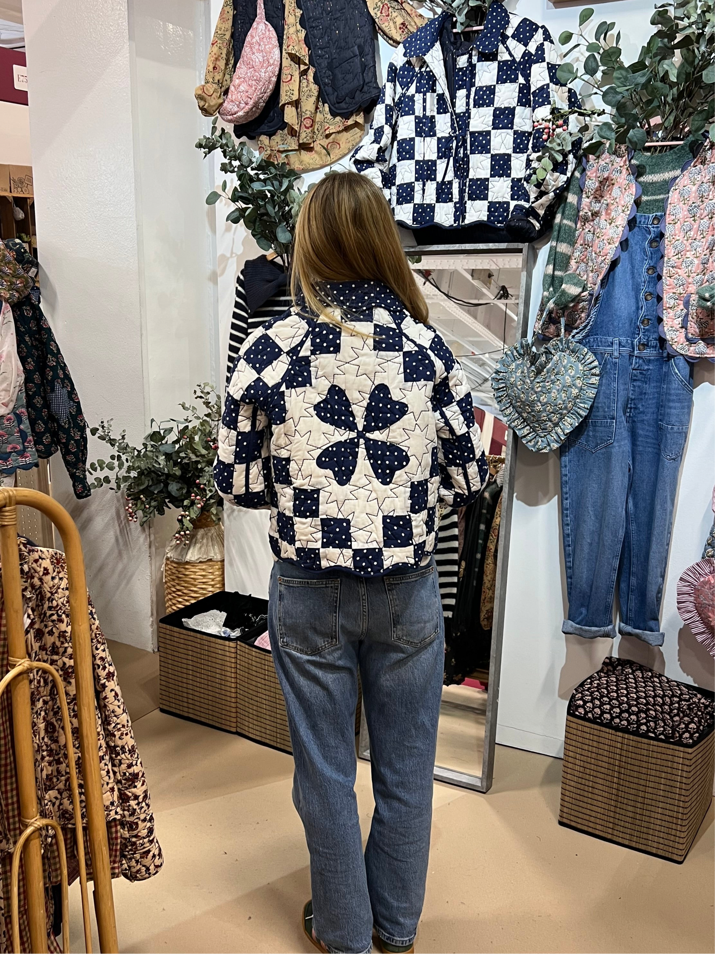 Clover Patchwork Quilted Cotton Jacket - Deep Indigo and Ecru