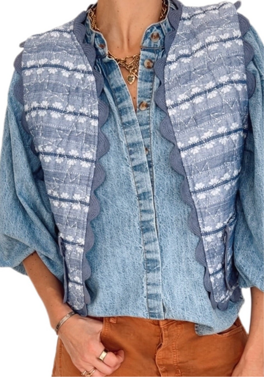 Jacqui Ric Rac Cotton Jacquard Quilted Gilet - Denim Blue