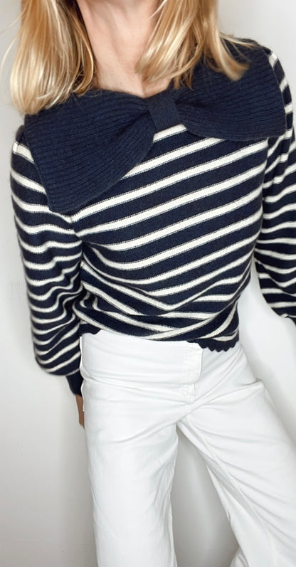 Bow Collar Stripe Jumper - Navy & Ecru