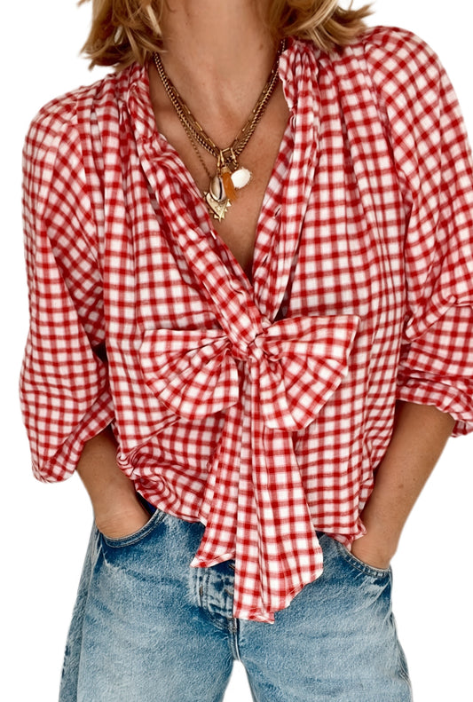 Cherry Check Detachable Tie Neck Cotton Shirt - Cherry Red