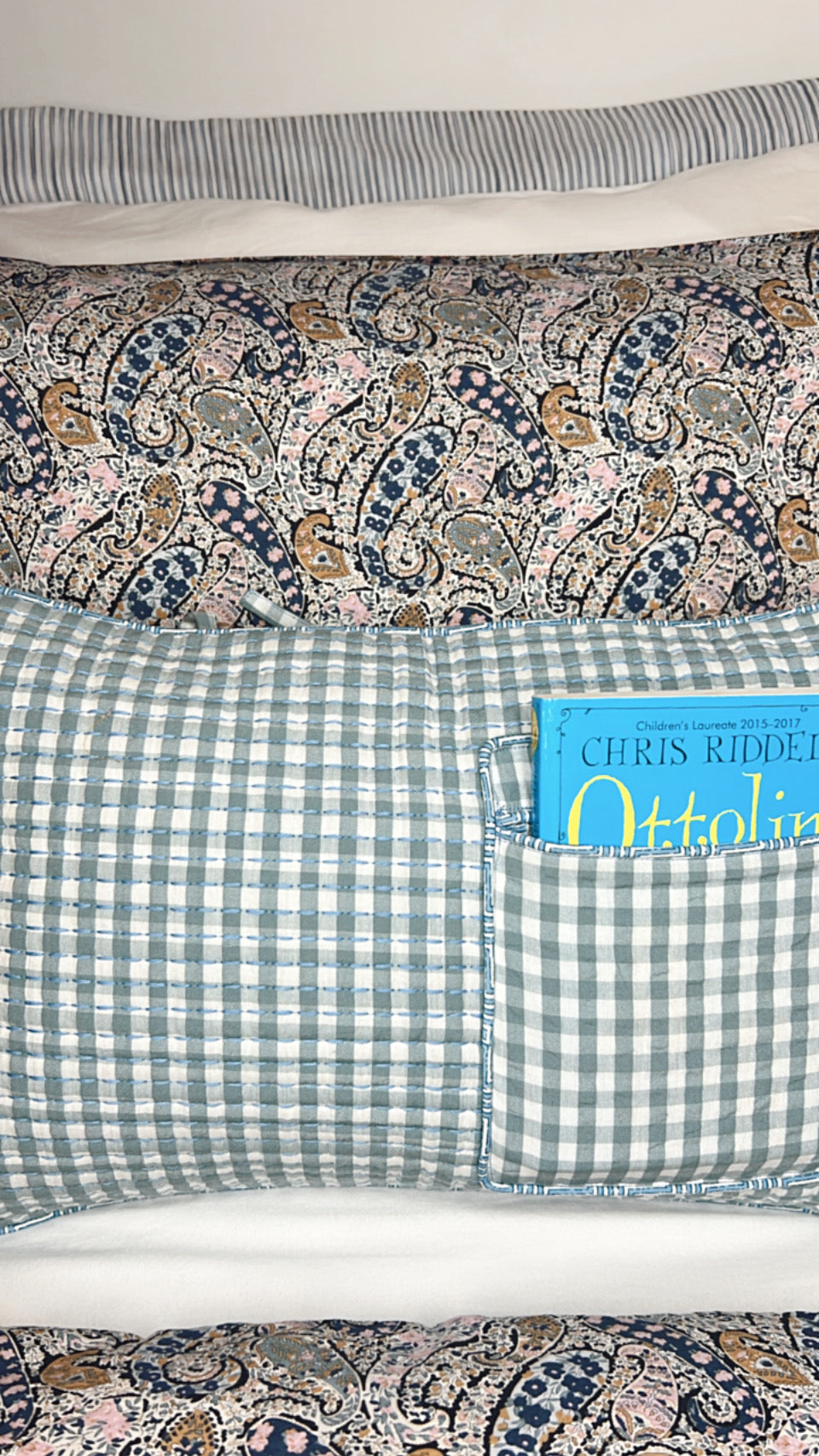 Oscar Gingham Pocket Quilted Cushion Cover - Denim Blue