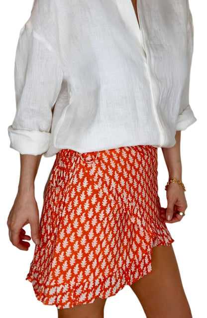 Mandardin Frilly Edge Cotton Wrap Mini Skirt - Orange Red
