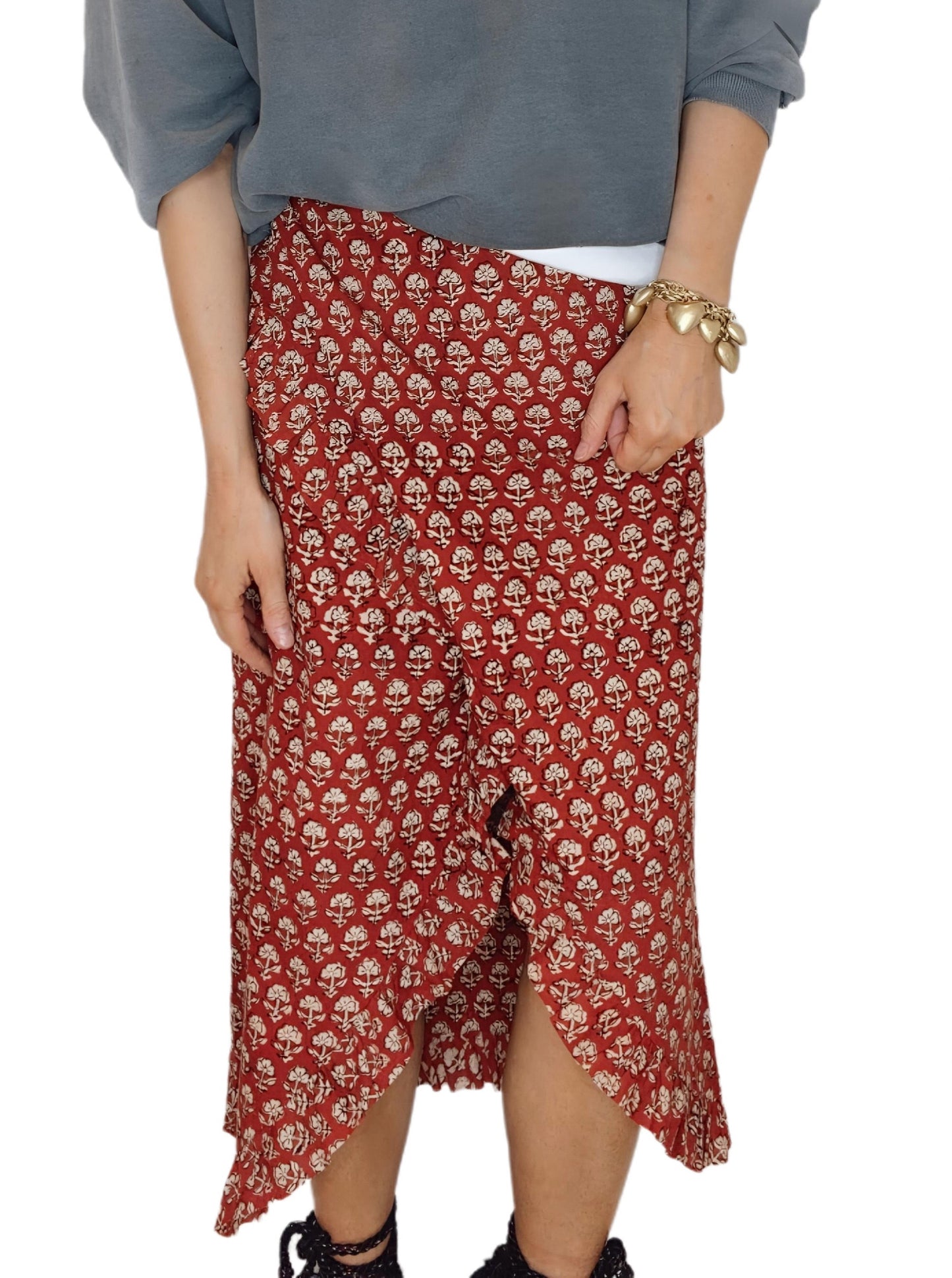 Ruby Frilly Edge Cotton Wrap MIDI Skirt - Ruby Red