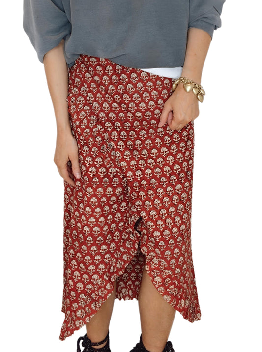 Ruby Frilly Edge Cotton Wrap MIDI Skirt - Ruby Red