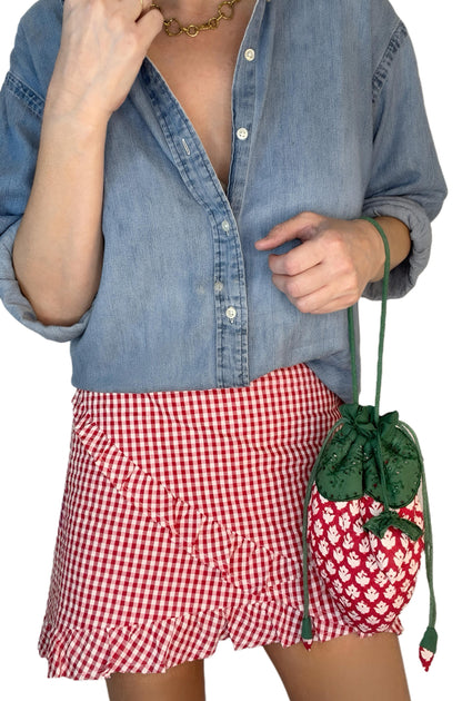 Ginny Gingham Frilly Edge Cotton Wrap Mini Skirt - Chilli Red