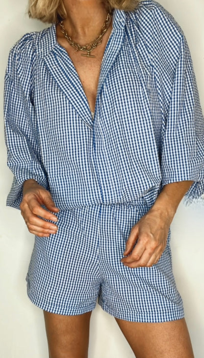 Peggy Micro Gingham Detachable Tie Neck Cotton Shirt - Blue & White