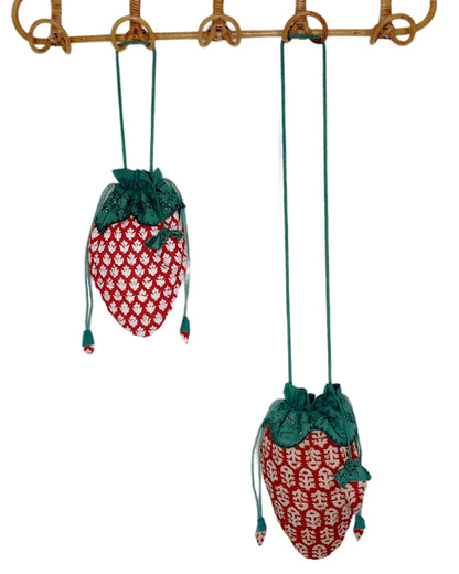 Strawberry Cotton Quilted Bag With Adjustable Strap - Chilli Red