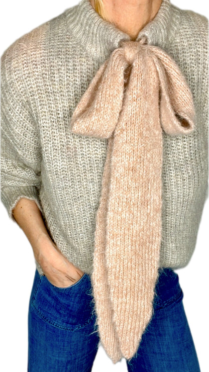 Interchangable Silky Bow Tie Neck Chunky Knit Cardigan - Porridge