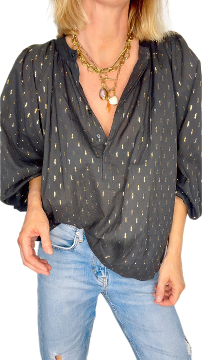 Goldie Metallic Spot Half Placket Cotton Pop-Over Top - Deep Indigo