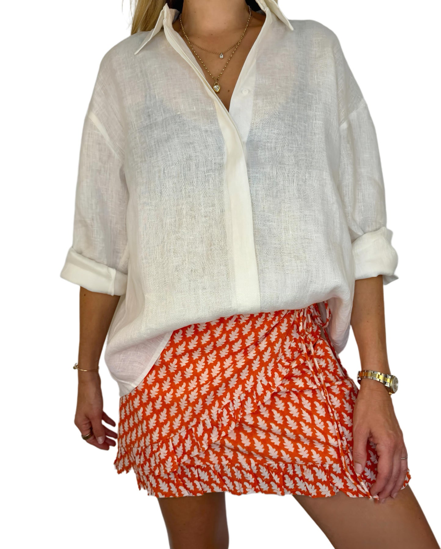 Mandardin Frilly Edge Cotton Wrap Mini Skirt - Orange Red