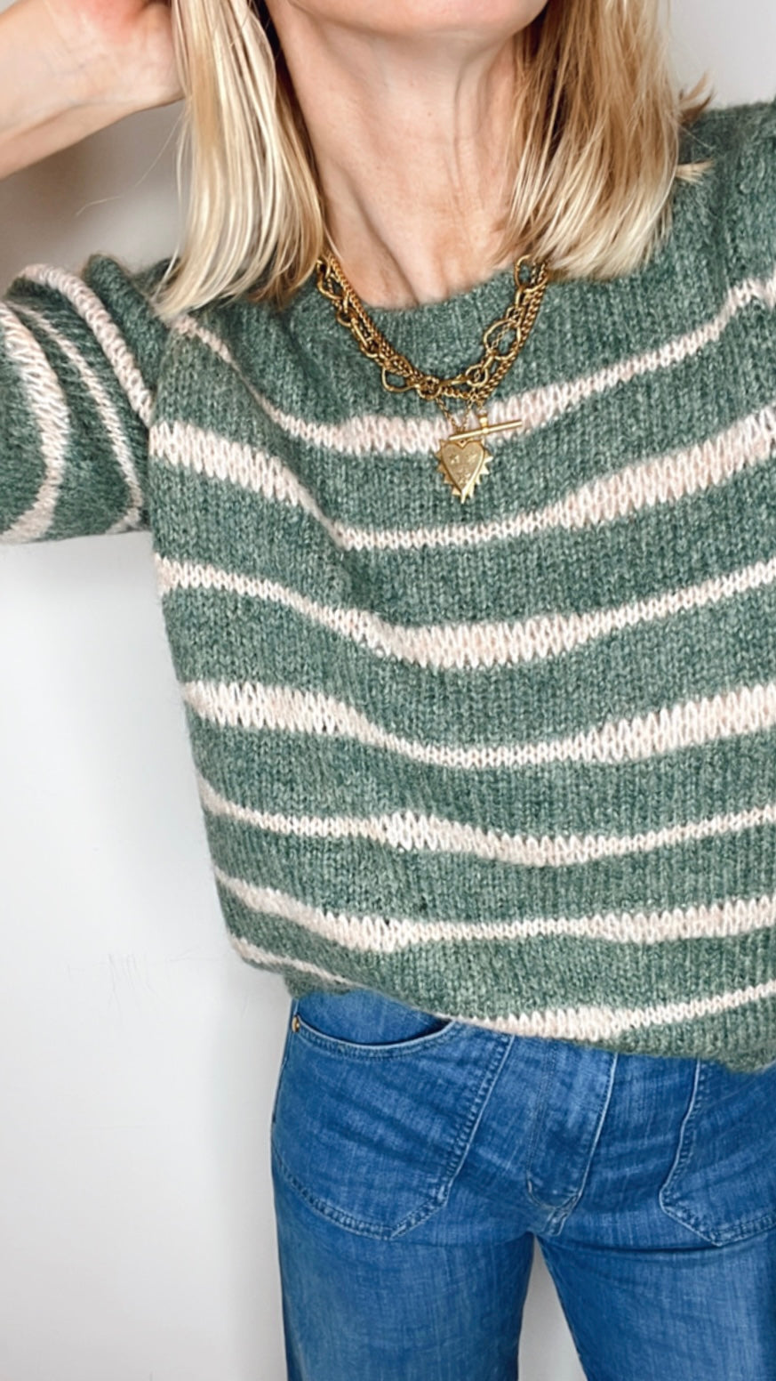 Irregular Stripe Chunky Knit Jumper - Forest Green & Blossom