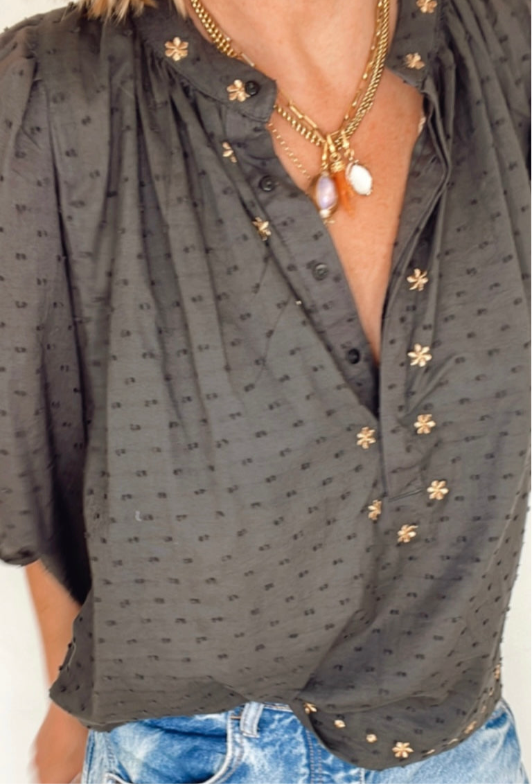 Shivani Half Placket Cotton Pop-Over Top - Washed Black