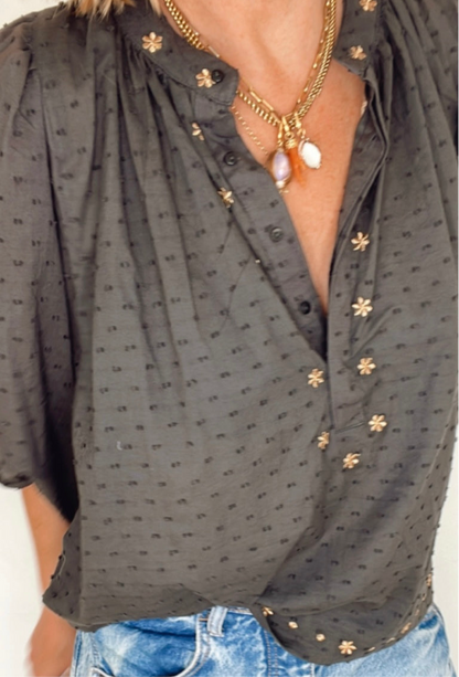 Shivani Half Placket Cotton Pop-Over Top - Washed Black