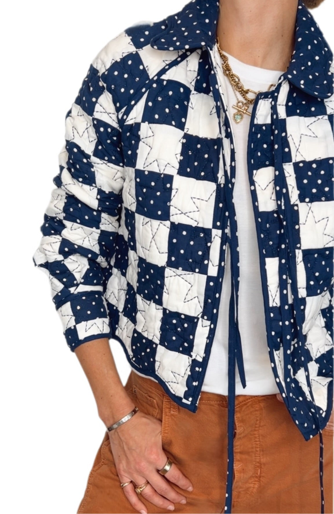 Clover Patchwork Quilted Cotton Jacket - Deep Indigo and Ecru