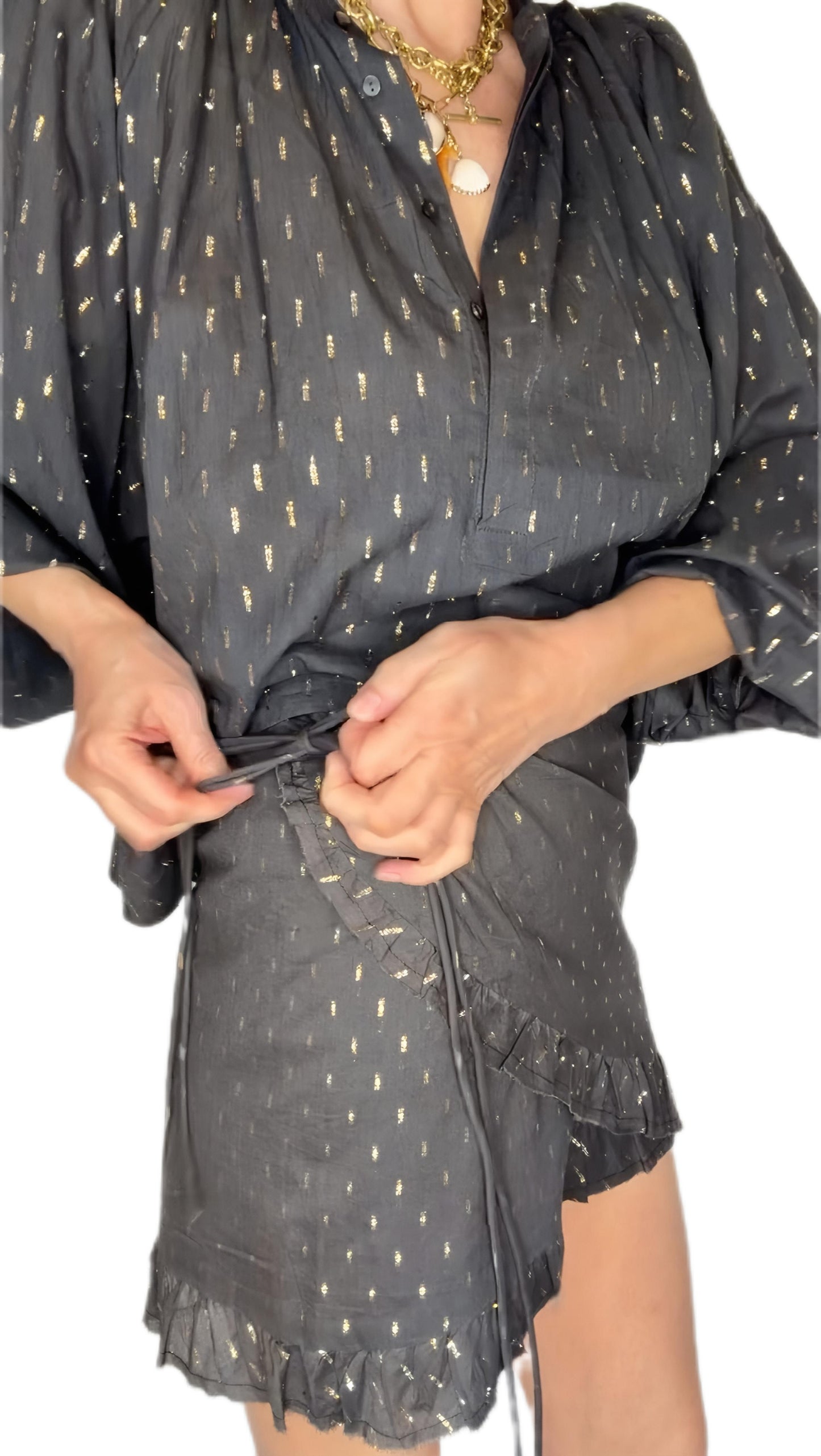 Goldie Frilly Edge Cotton Wrap Mini Skirt - Deep Indigo & Gold