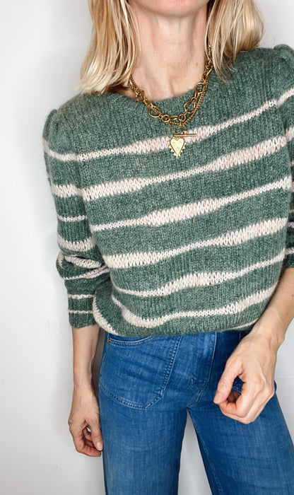 Irregular Stripe Chunky Knit Jumper - Forest Green & Blossom