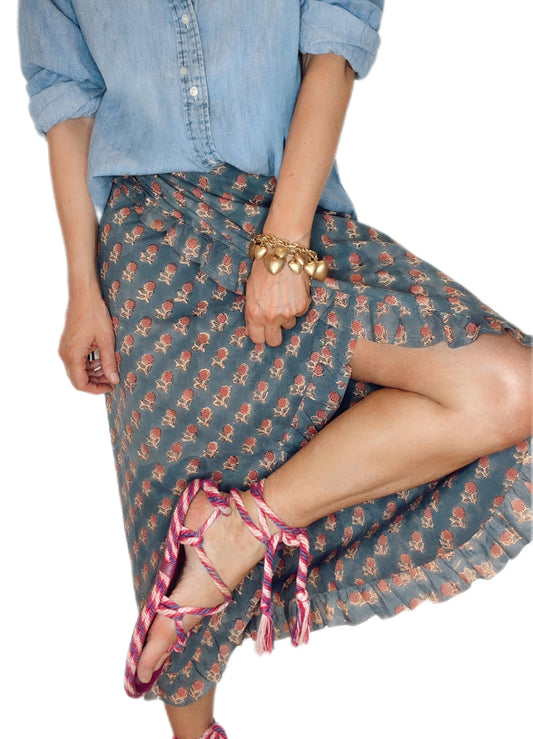 Tabby Frilly Edge Cotton Wrap MIDI Skirt - Deep Teal Print