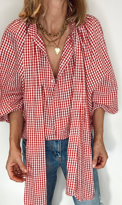 Cherry Gingham Tie Neck Cotton Shirt - Cherry Red & White