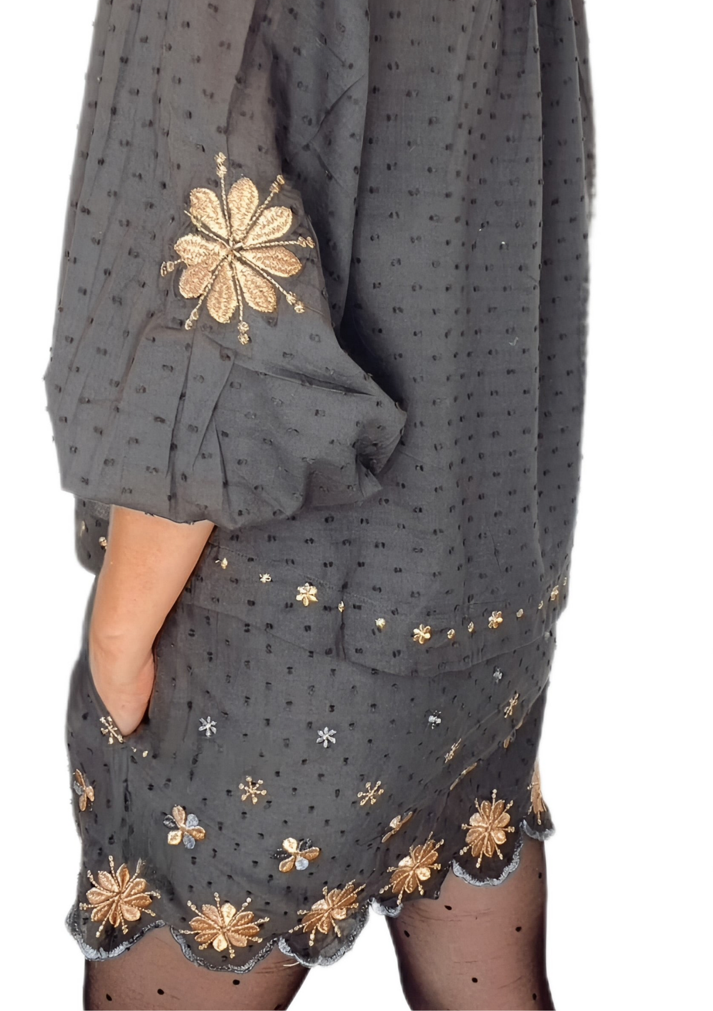 Shivani Cotton & Metallic Embroidered Mini - Washed Black