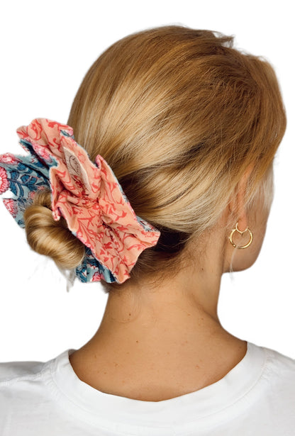 Emmy Double Layer, Reversible Cotton Scrunchie - Teal & Pinks