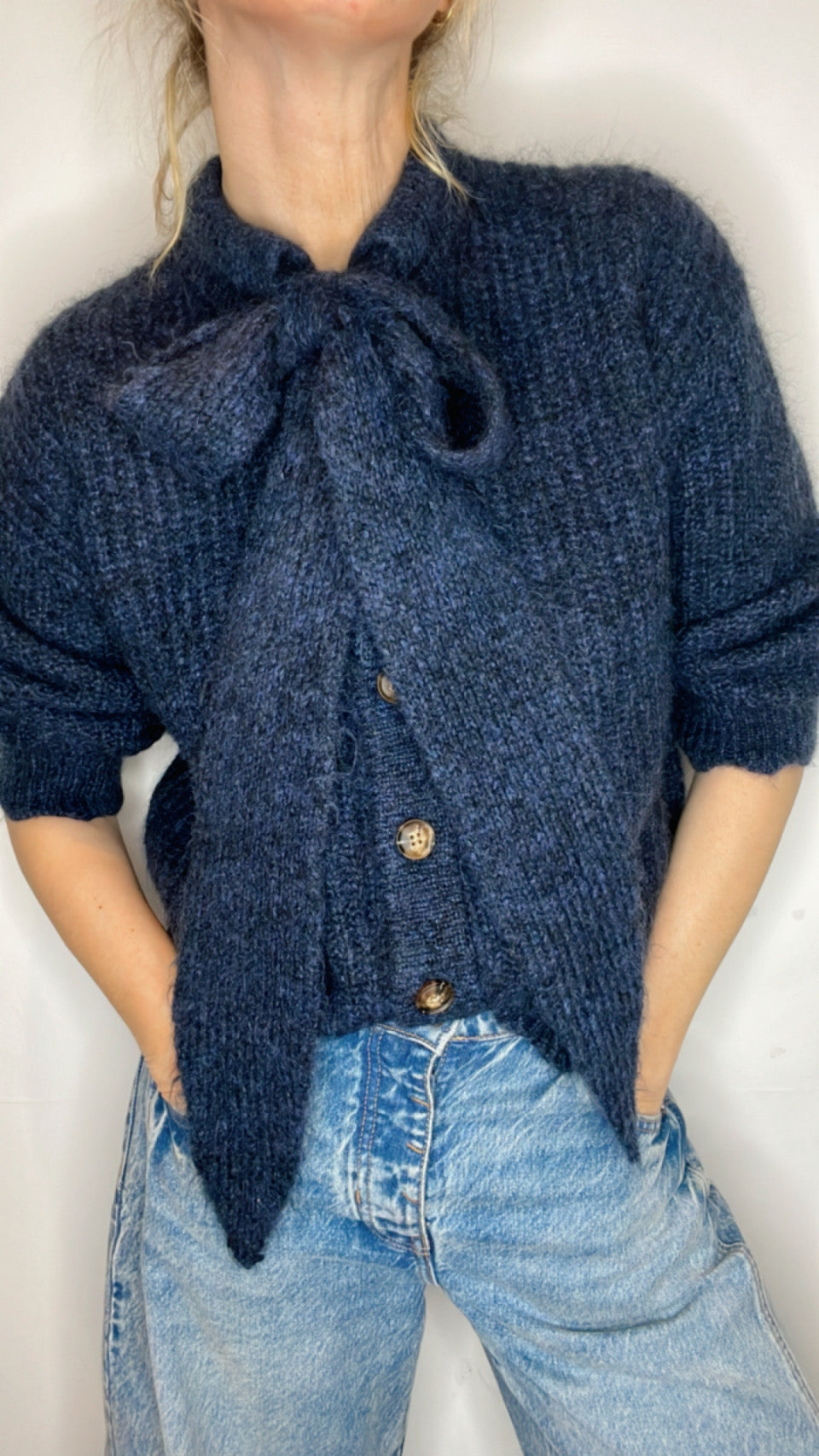 Interchangable Knitted Bow Tie Neck Chunky Knit Cardigan - Midnight