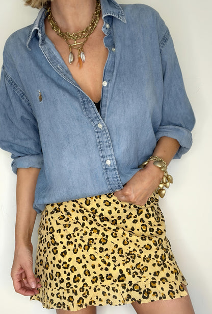 Frilly Edge Small Animal Print Organic Cotton Wrap Mini Skirt - Sand