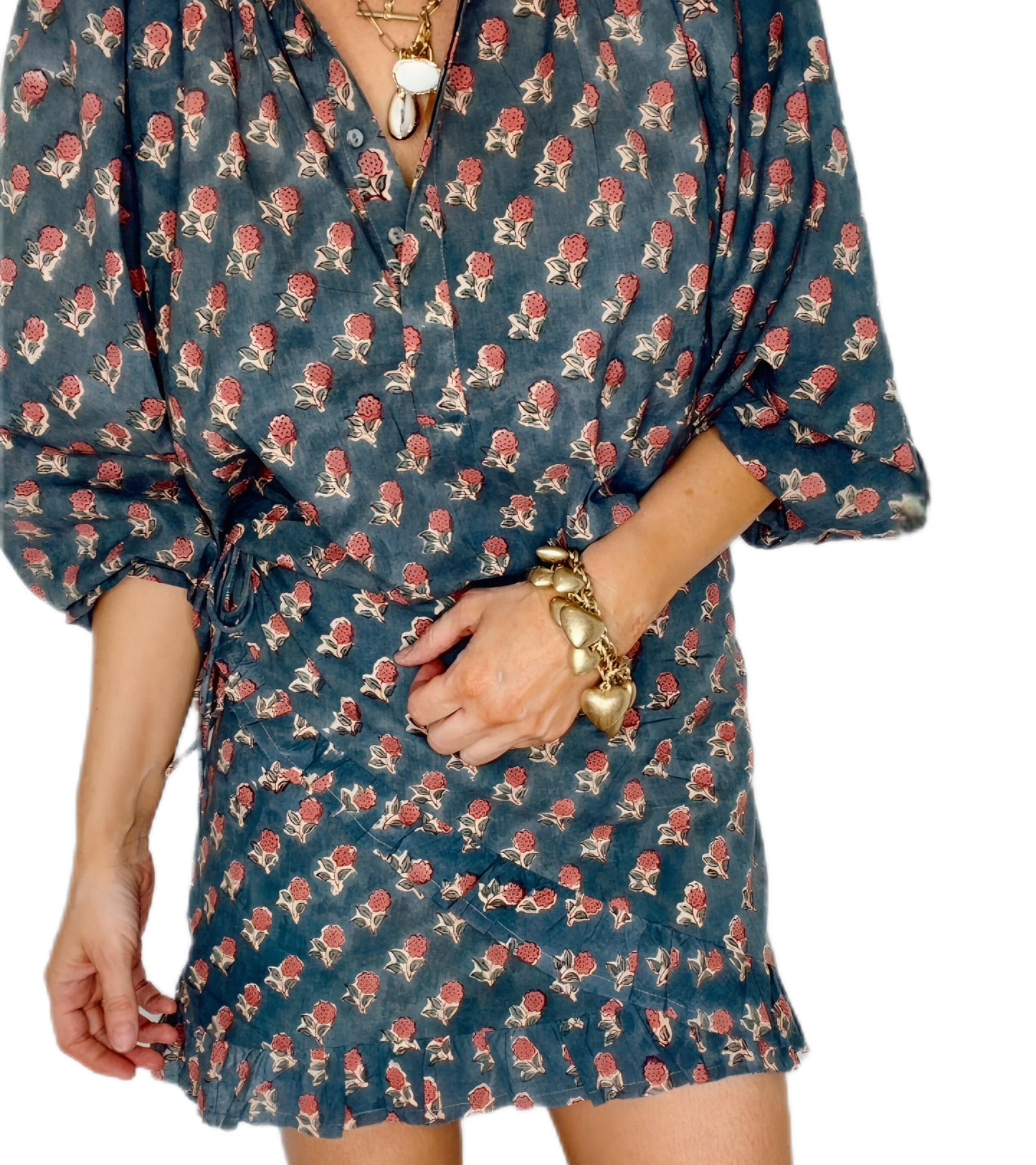 Tabby Half Placket Organic Cotton Pop-Over Top - Washed Teal Print