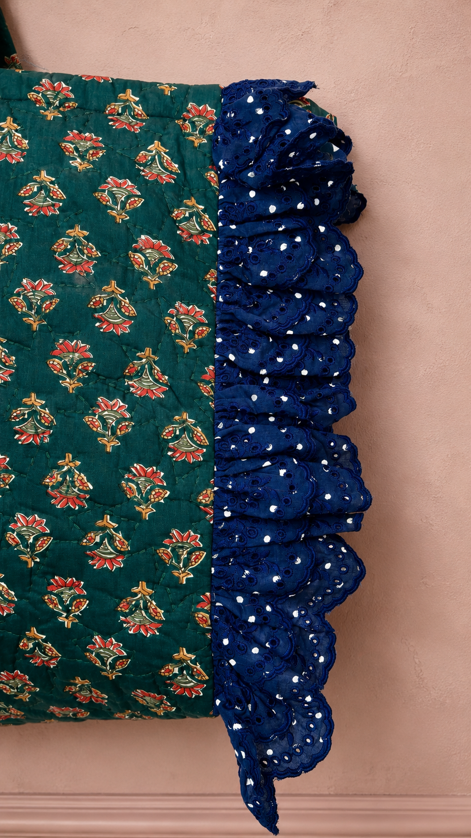Beth Jumbo Quilted Cotton Frill Tote Bag - Deep Teal