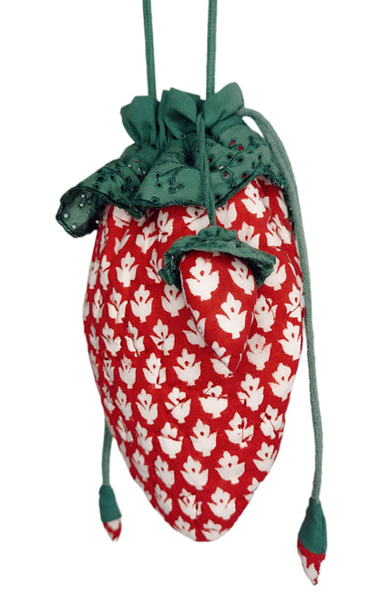 Strawberry Cotton Quilted Bag With Adjustable Strap - Chilli Red