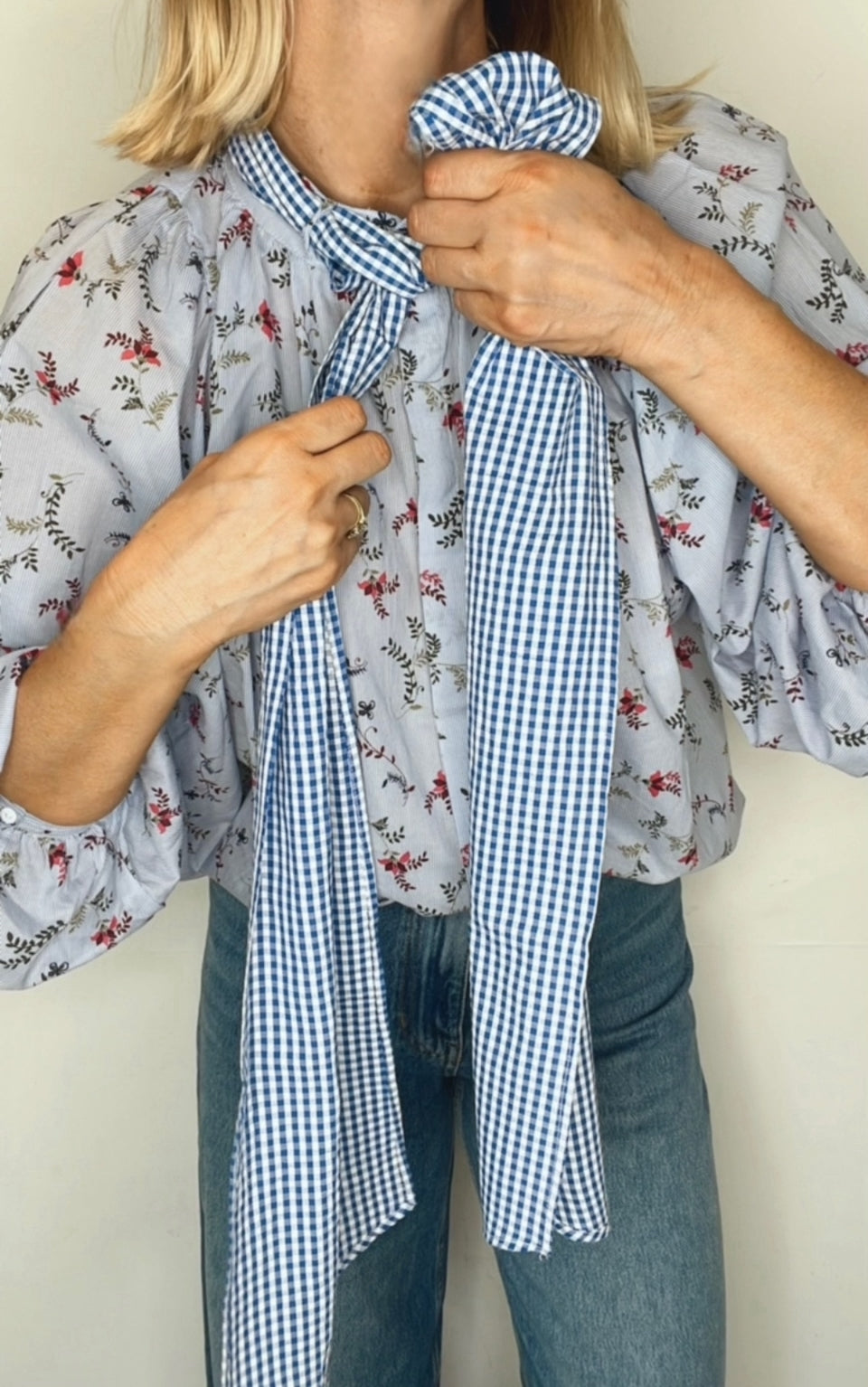 Sylvie Detachable Tie Neck Cotton Shirt- Denim Blue Fine Stripe Floral