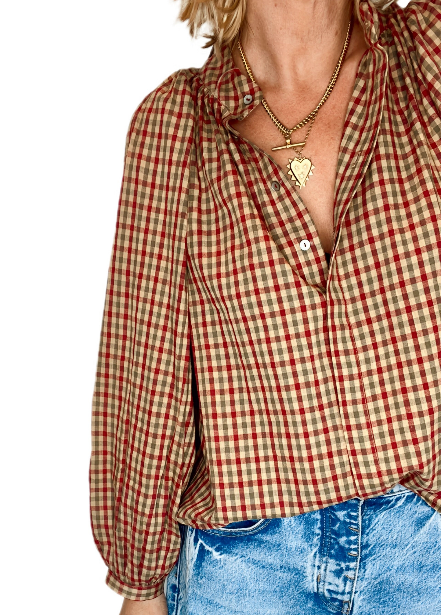 Autumn Gingham Detachable Tie Neck Cotton Shirt - Merlot Multi