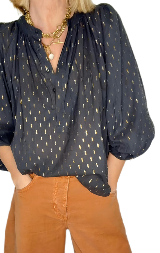 Goldie Metallic Spot Half Placket Cotton Pop-Over Top - Deep Indigo
