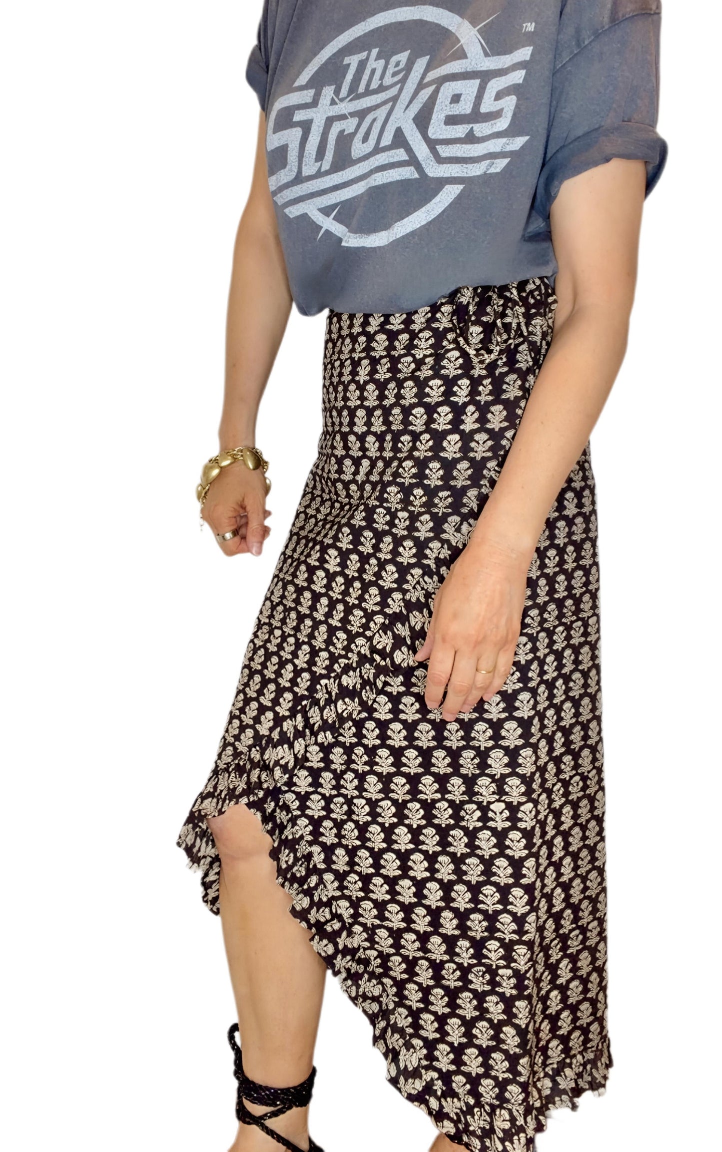 Jet Frilly Edge Cotton Wrap MIDI Skirt - Jet Black