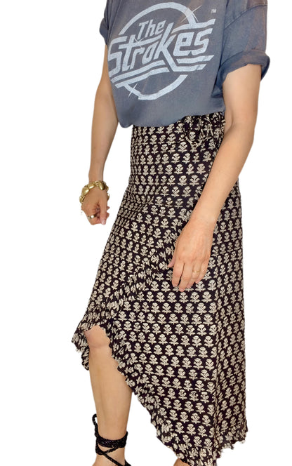 Jet Frilly Edge Cotton Wrap MIDI Skirt - Jet Black