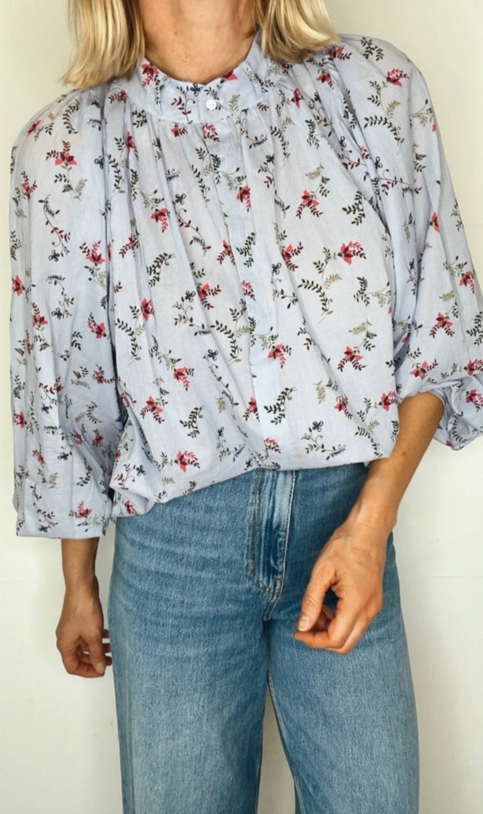 Sylvie Detachable Tie Neck Cotton Shirt- Denim Blue Fine Stripe Floral