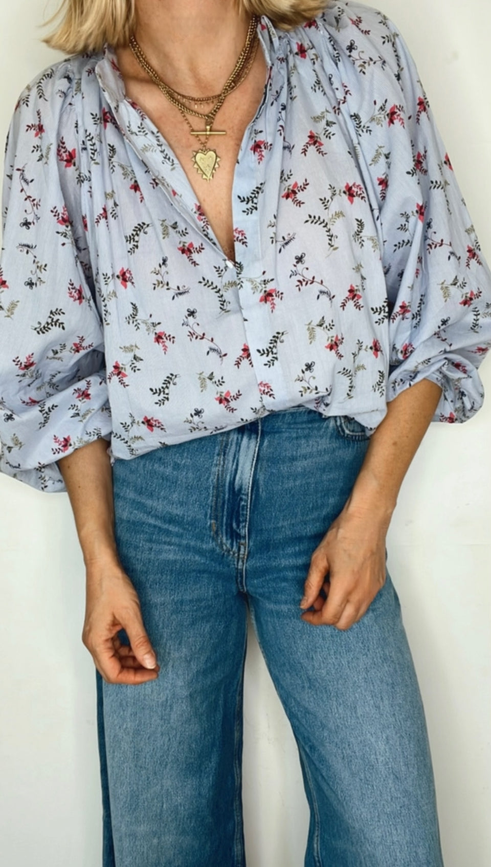 Sylvie Detachable Tie Neck Cotton Shirt- Denim Blue Fine Stripe Floral