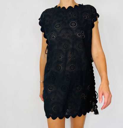 Ric Rac Tie Side Cotton Broderie Beach Cover-Up - Noir