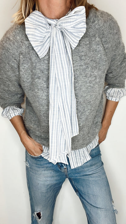 Scandi Stripe Tie Neck Cotton Shirt - Ecru and Soft Grey