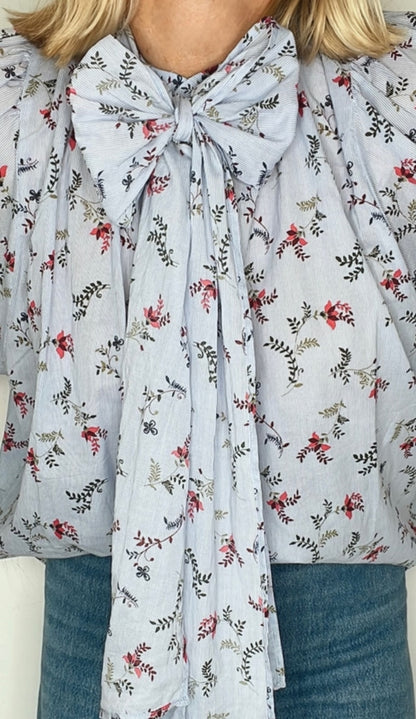 Sylvie Detachable Tie Neck Cotton Shirt- Denim Blue Fine Stripe Floral