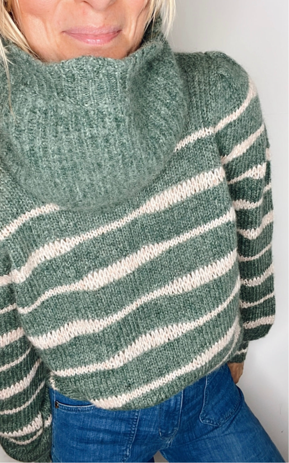Irregular Stripe Chunky Knit Jumper - Forest Green & Blossom