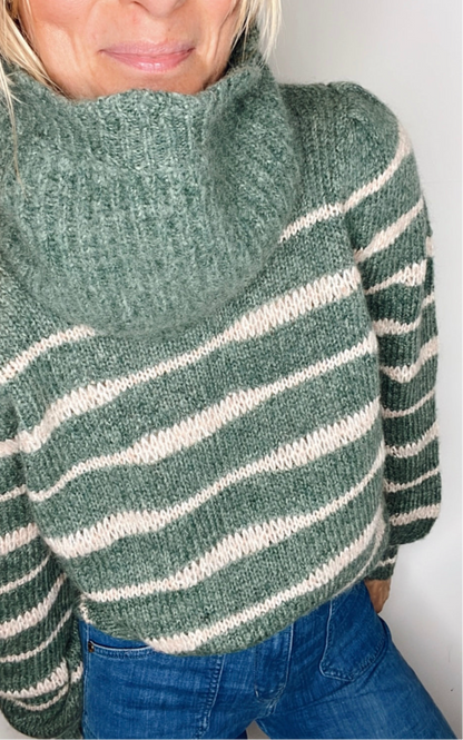 Irregular Stripe Chunky Knit Jumper - Forest Green & Blossom