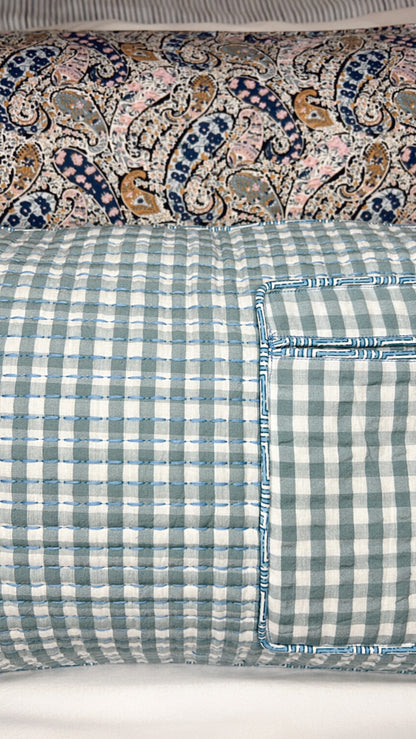 Oscar Gingham Pocket Quilted Cushion Cover - Denim Blue