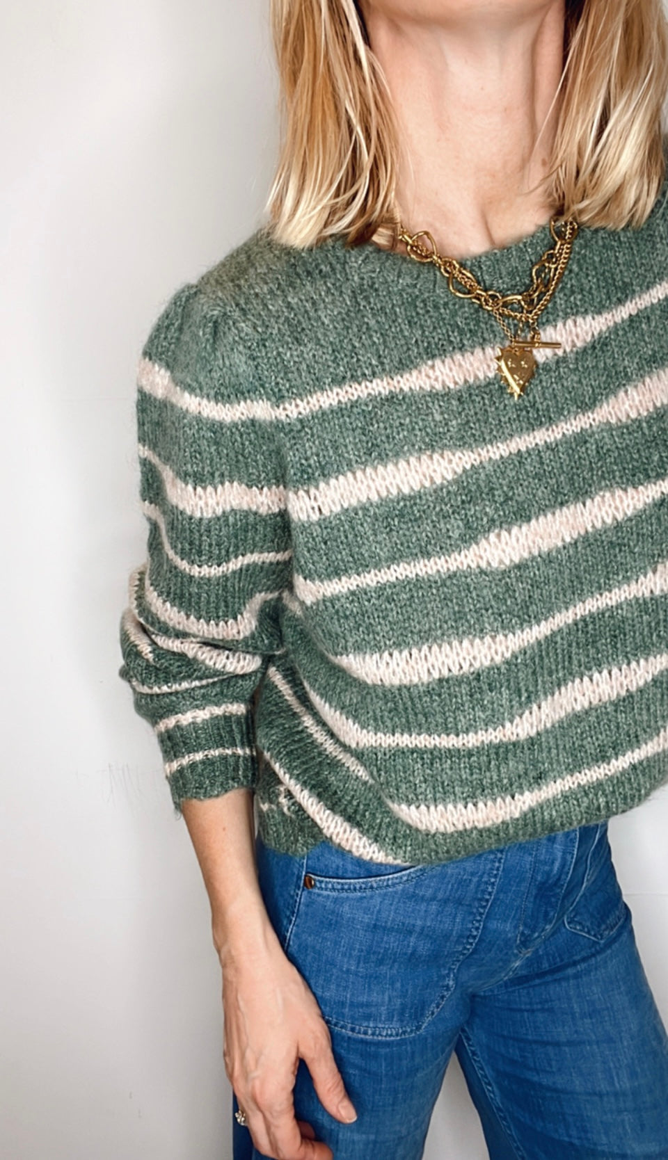 Irregular Stripe Chunky Knit Jumper - Forest Green & Blossom