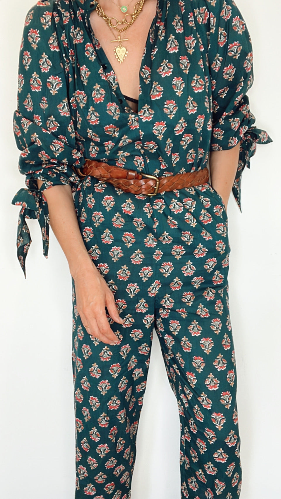 Beth Bow Cuff Cotton Block Printed Jumpsuit - Dark teal