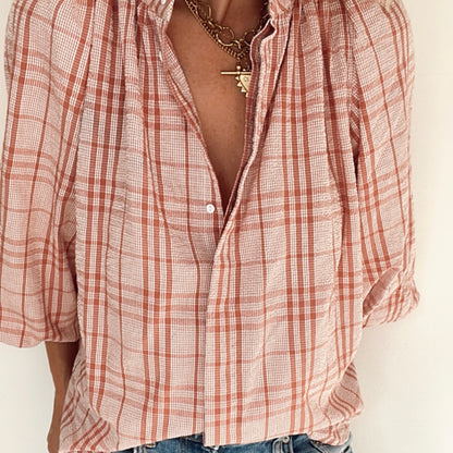 Sally Check Tie Neck Cotton Shirt - Dusty Pink