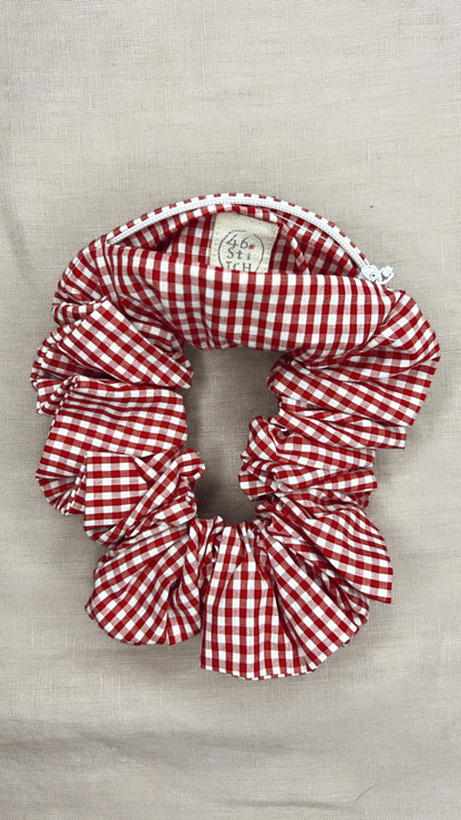 Cherry Gingham Concealed Zip Pocket Storage Scrunchie - Limited Edition