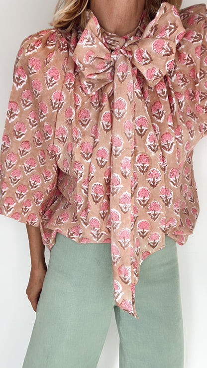 Penny Print Tie Neck Cotton Shirt - Pretty Pink