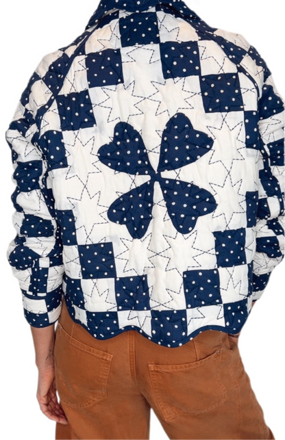 Clover Patchwork Quilted Cotton Jacket - Deep Indigo and Ecru